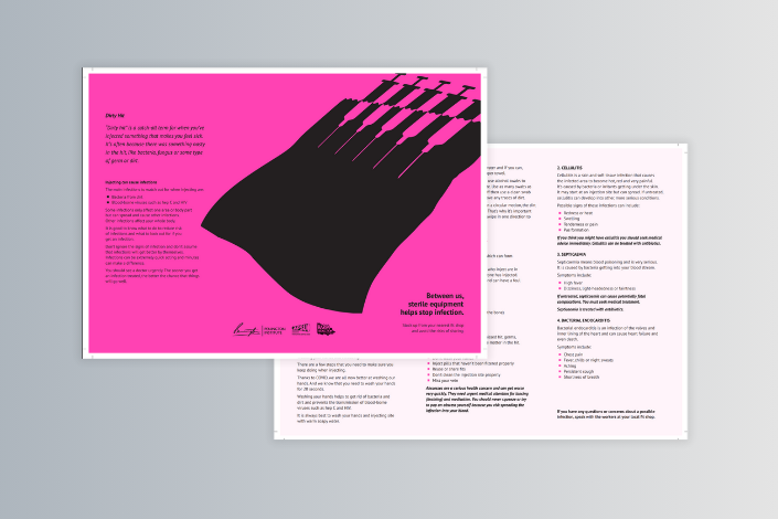 This is a thumbnail of the Between Us "Sterile Equipment Helps Stop Infections" 6pp DL Flyer.