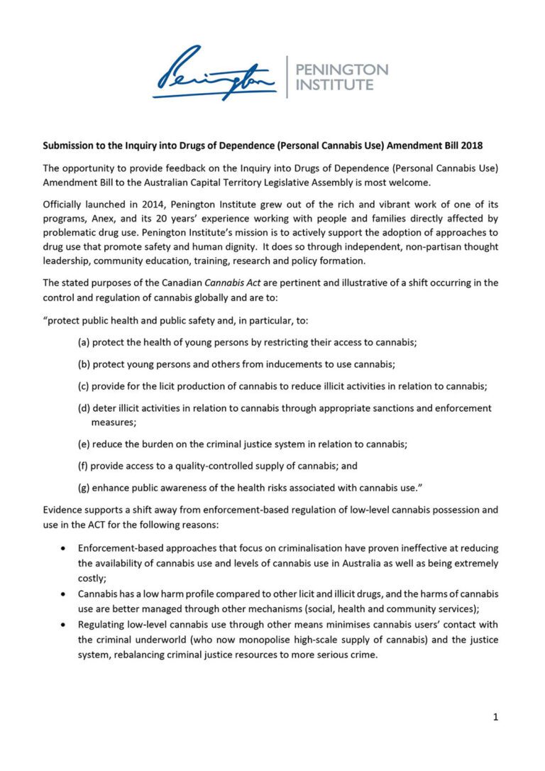 Submission to the Inquiry into Drugs of Dependence (Personal Cannabis Use) Amendment Bill 2018