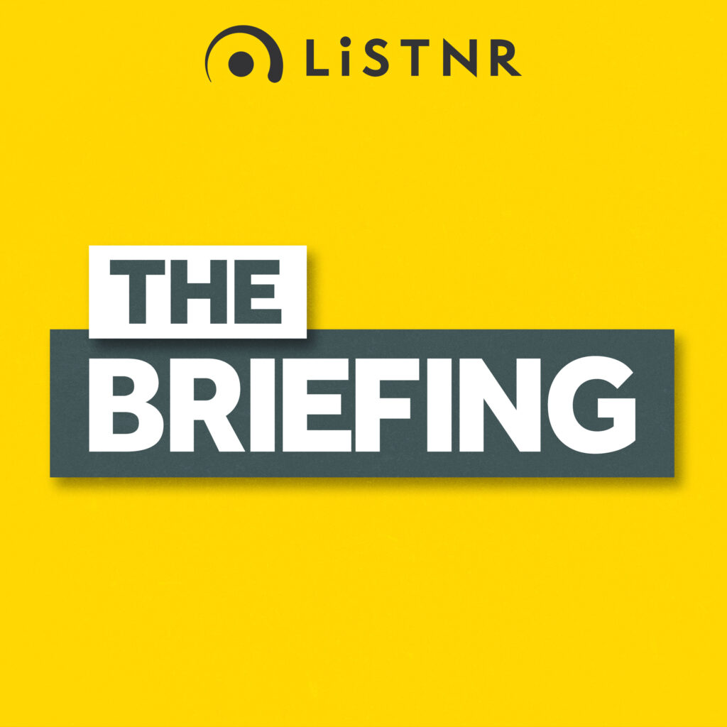 image of The Briefing Podcast logo on yellow background