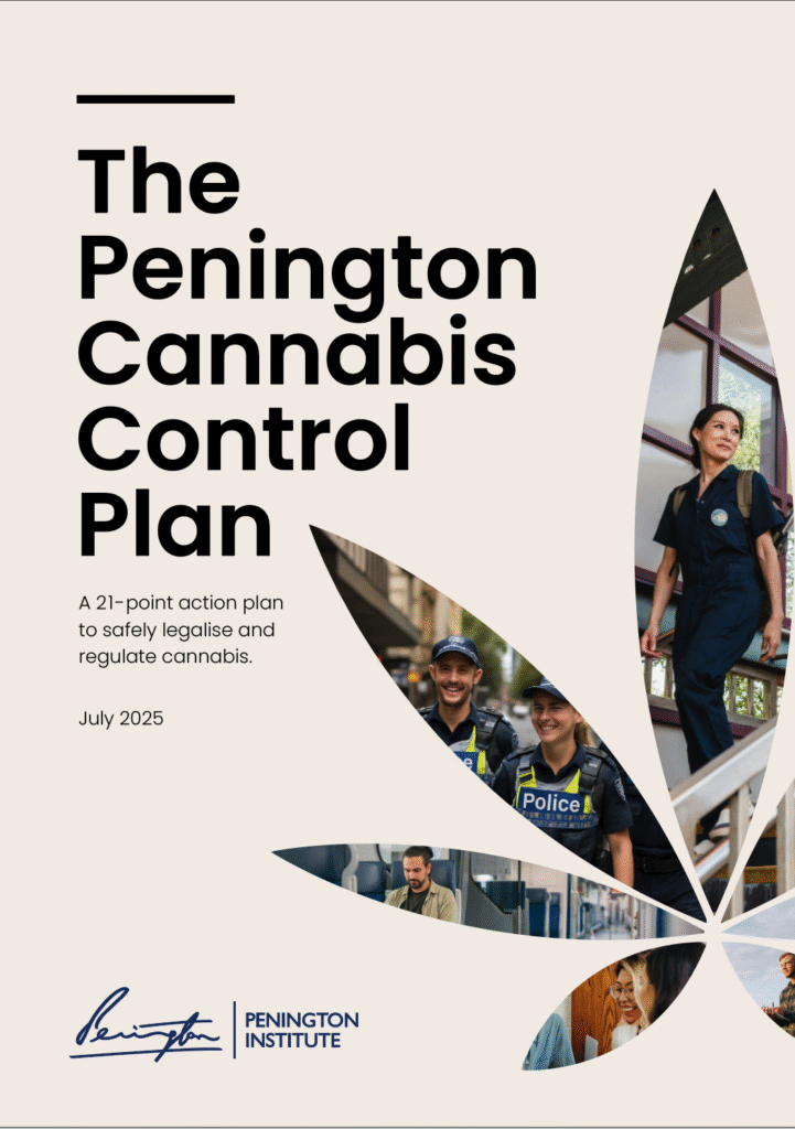 An image of the front cover of the Penington Cannabis Control Plan publication which displays a cannabis leaf shape with images of police, nurses, and community.