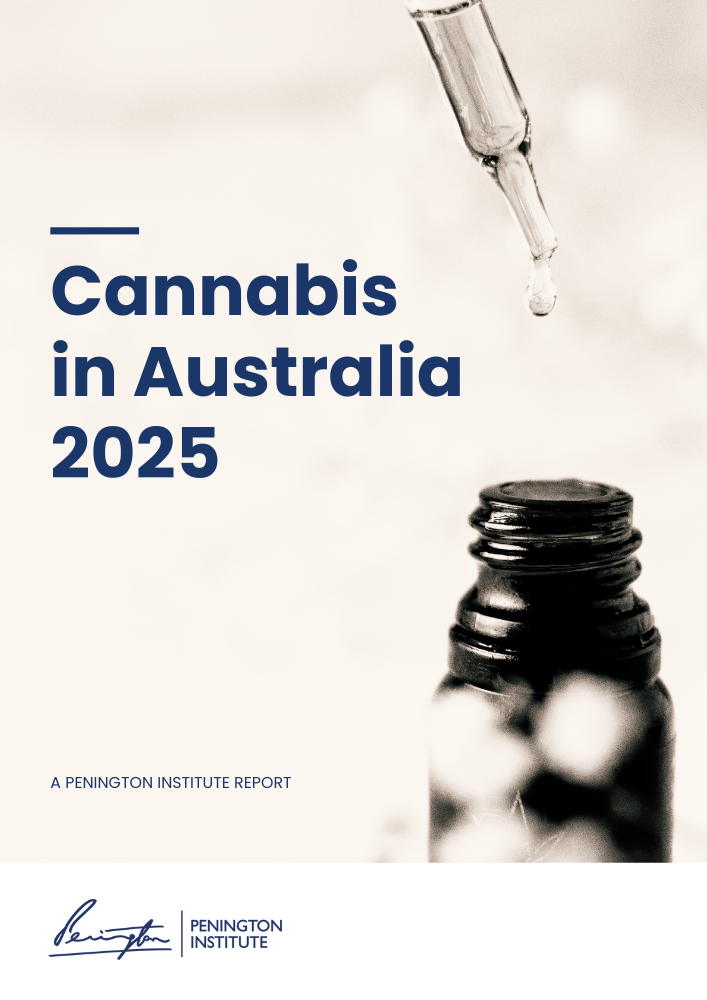 Cover of report showing a medicinal cannabis oil dropper and bottle with the title of the report and Penington Institute logo