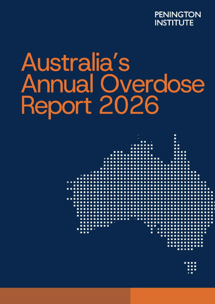 This is the front cover of Australia's Annual Overdose Report 2026 - it is blue with orange writing and an outline of Australia on it.