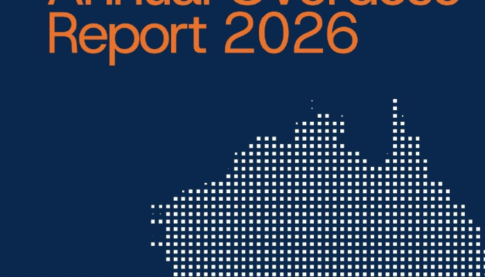 This is the front cover of Australia's Annual Overdose Report 2026 - it is blue with orange writing and an outline of Australia on it.