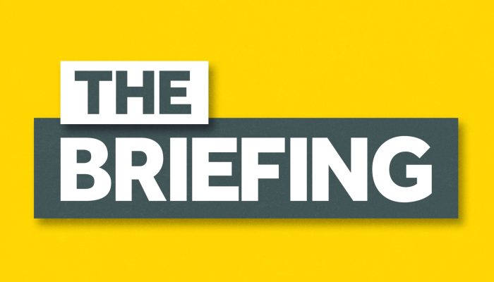 image of The Briefing Podcast logo on yellow background